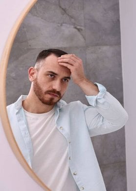 Jeune homme regardant sa calvitie naissante