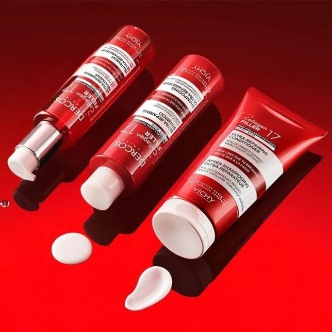 image du protocole anti-casse collagen 17 filler DERCOS des Laboratoires VICHY : pré-shampooing, shampooing et après-shampooing