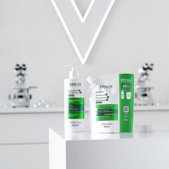 Image du shampooing anti-pelliculaire DERCOS et sa recharge