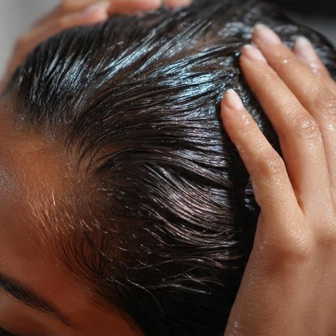 Femme s'appliquant de l'huile dans les cheveux