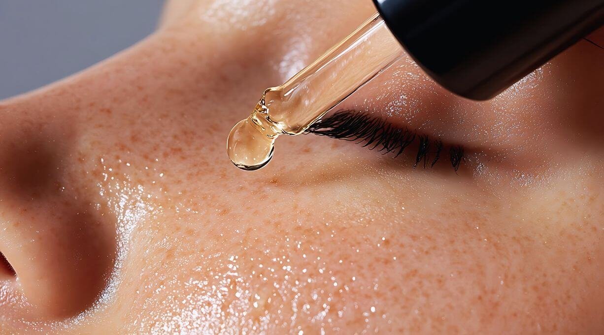 Application d'un sérum sur le visage d'une femme